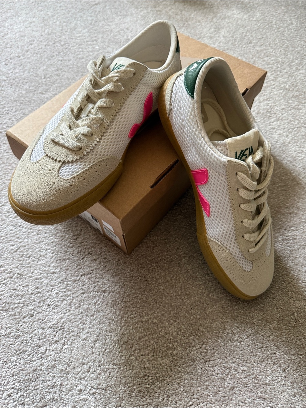 Veja Women’s Campo Sneaker — White with Pink and Green Accents